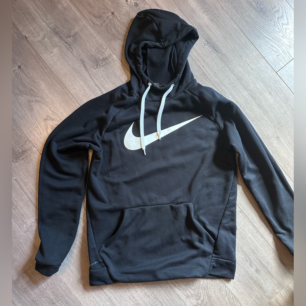 Nike Black Hoodie with White Swoosh and Drawcords